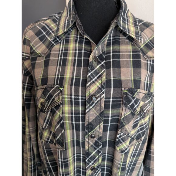Cowboy Up Classic Fit Black White and Green Plaid Pearl Snap - L - Picture 2 of 10